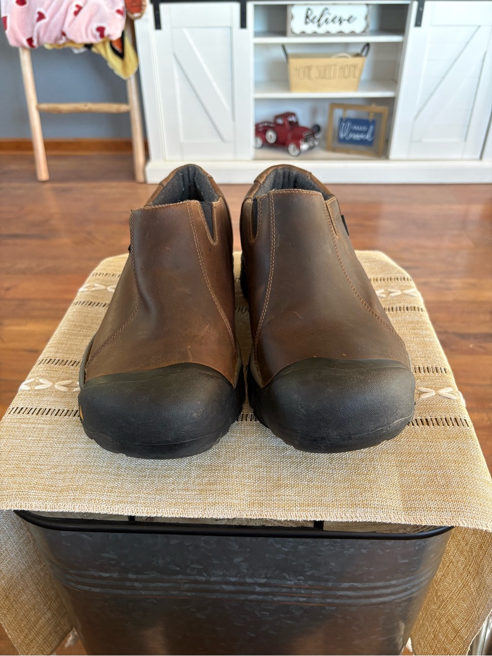 Keen Waterproof Brown Leather Slip-On Loafers with Black Toe Caps